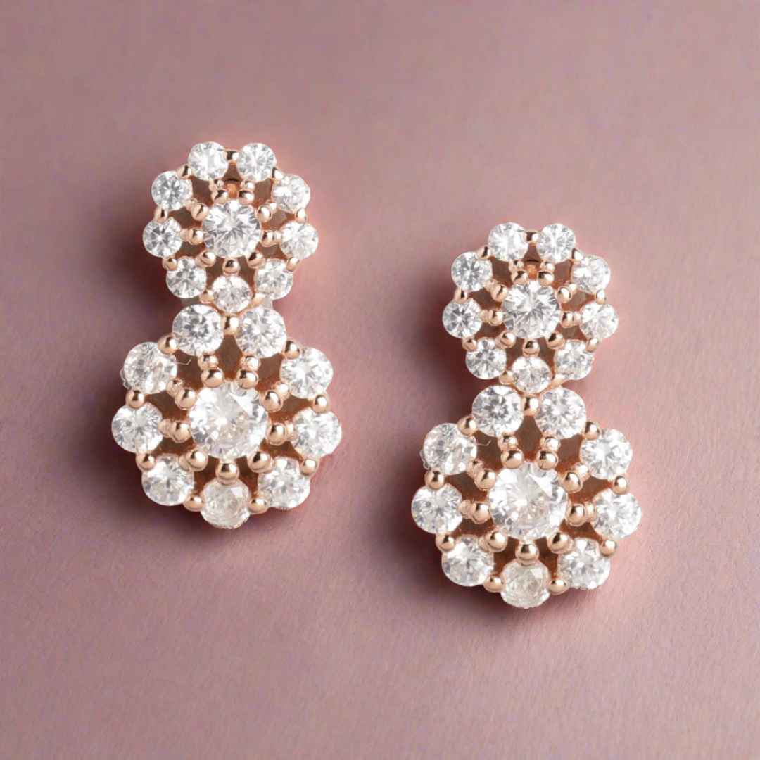 CZ Studded Rose Gold Plated 925 Sterling Silver Cluster Earrings