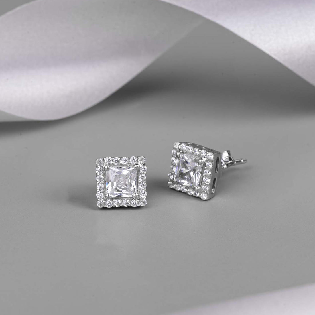 CZ Studded Rhodium Plated 925 Sterling Silver Studs