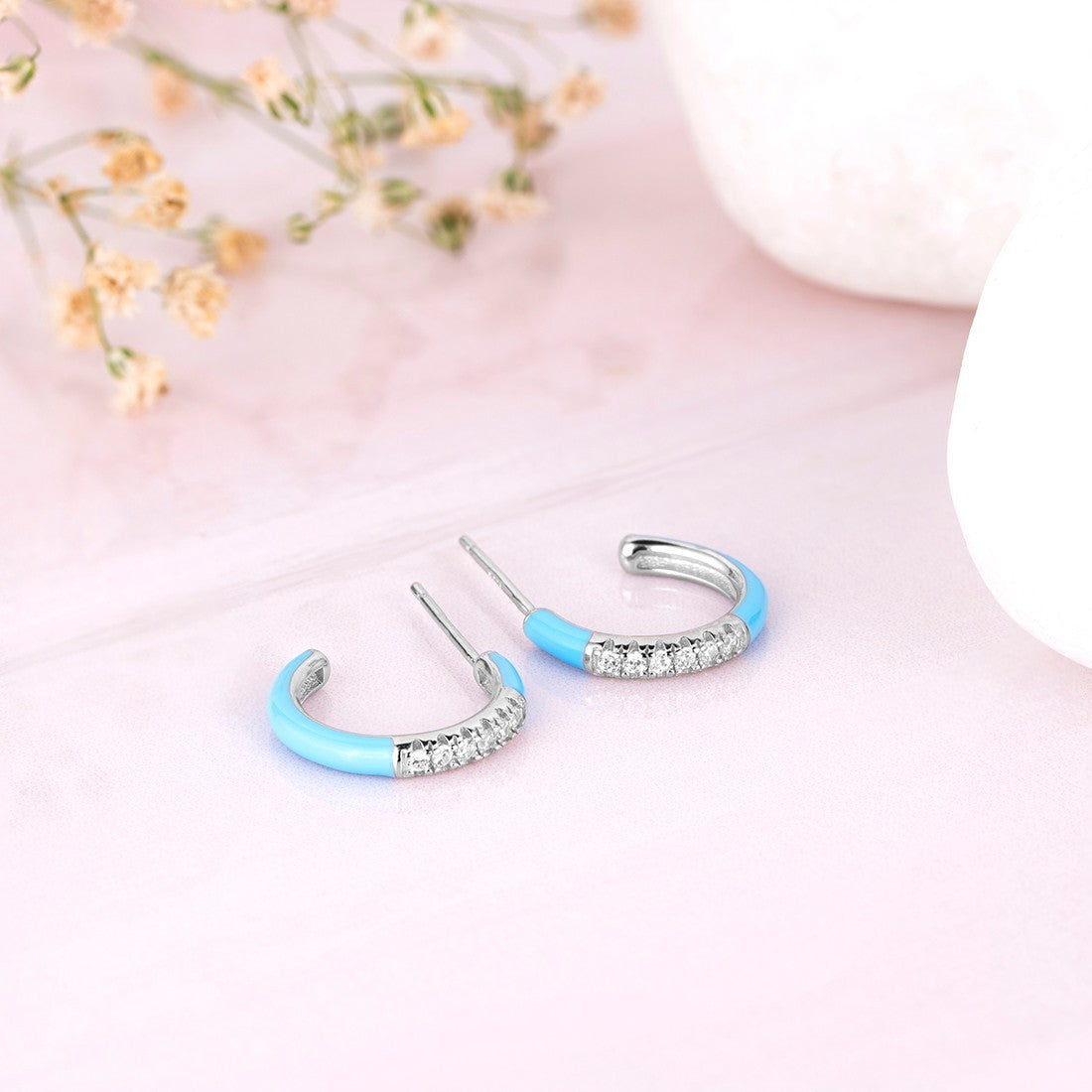 Half Hoop Blue Rhodium Plated 925 Sterling Silver Earrings