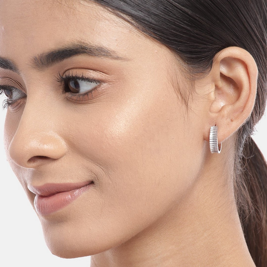 Contemporary Half Hoop Rhodium Plated Earring