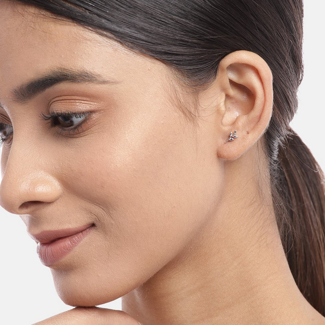 Minimal Leafy Rhodium Plated 925 Sterling Silver Studs