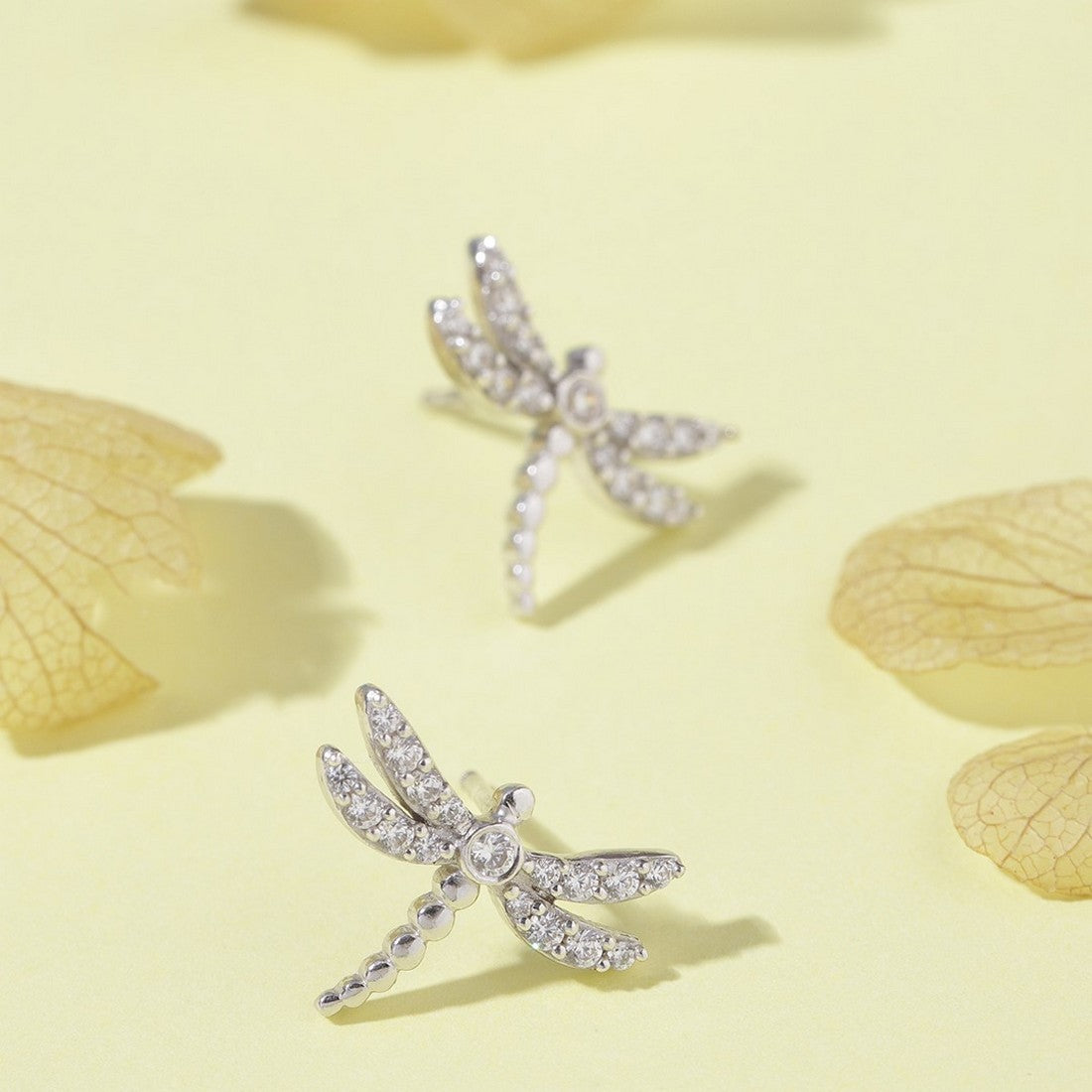 CZ Studded DragonFly Rhodium Plated 925 Sterling Silver Stud Earring