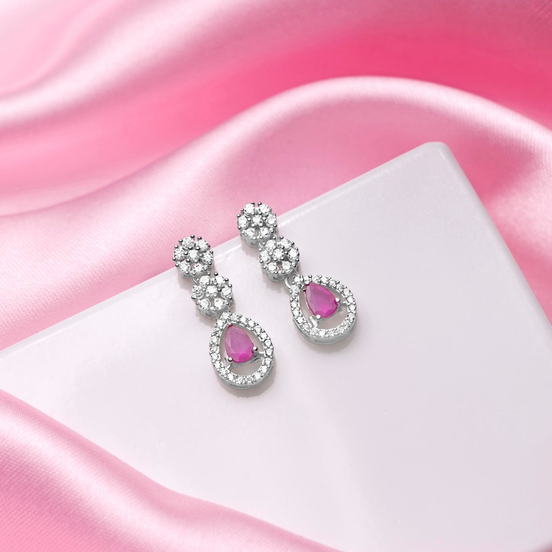 Dazzling Bloom Rhodium-Plated Drop Earrings with Dark Pink and White CZ