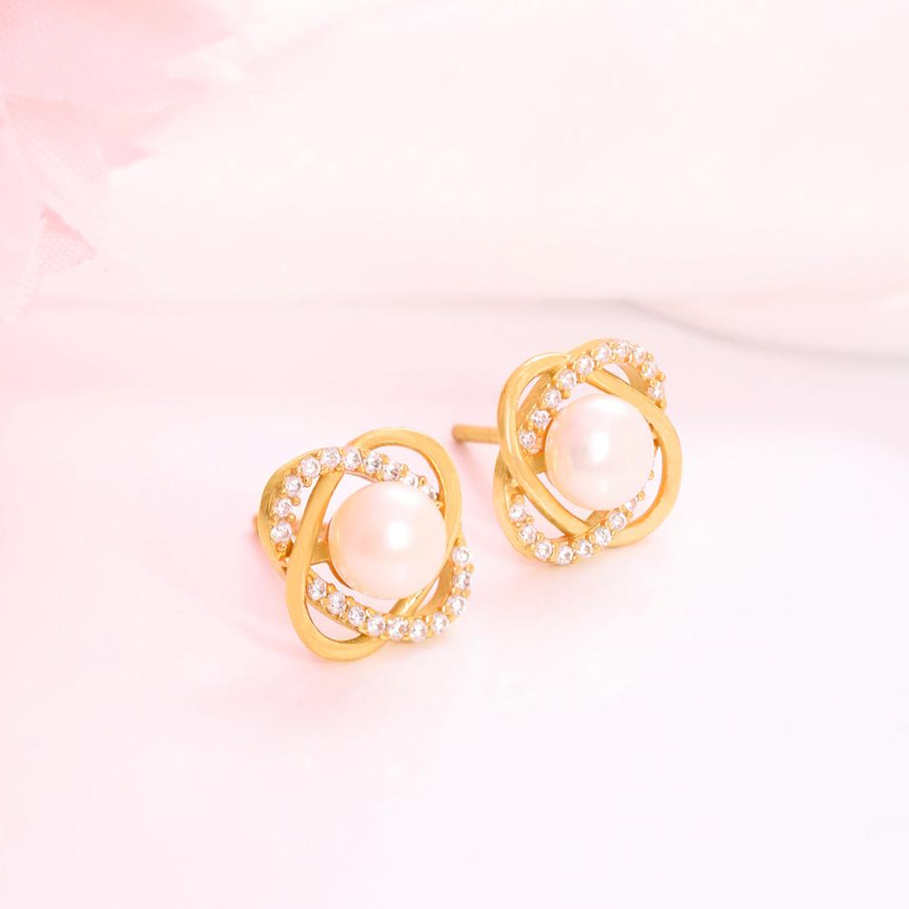 Timeless Elegance Pearl-CZ 925 Sterling Silver Gold Plated Stud Earrings