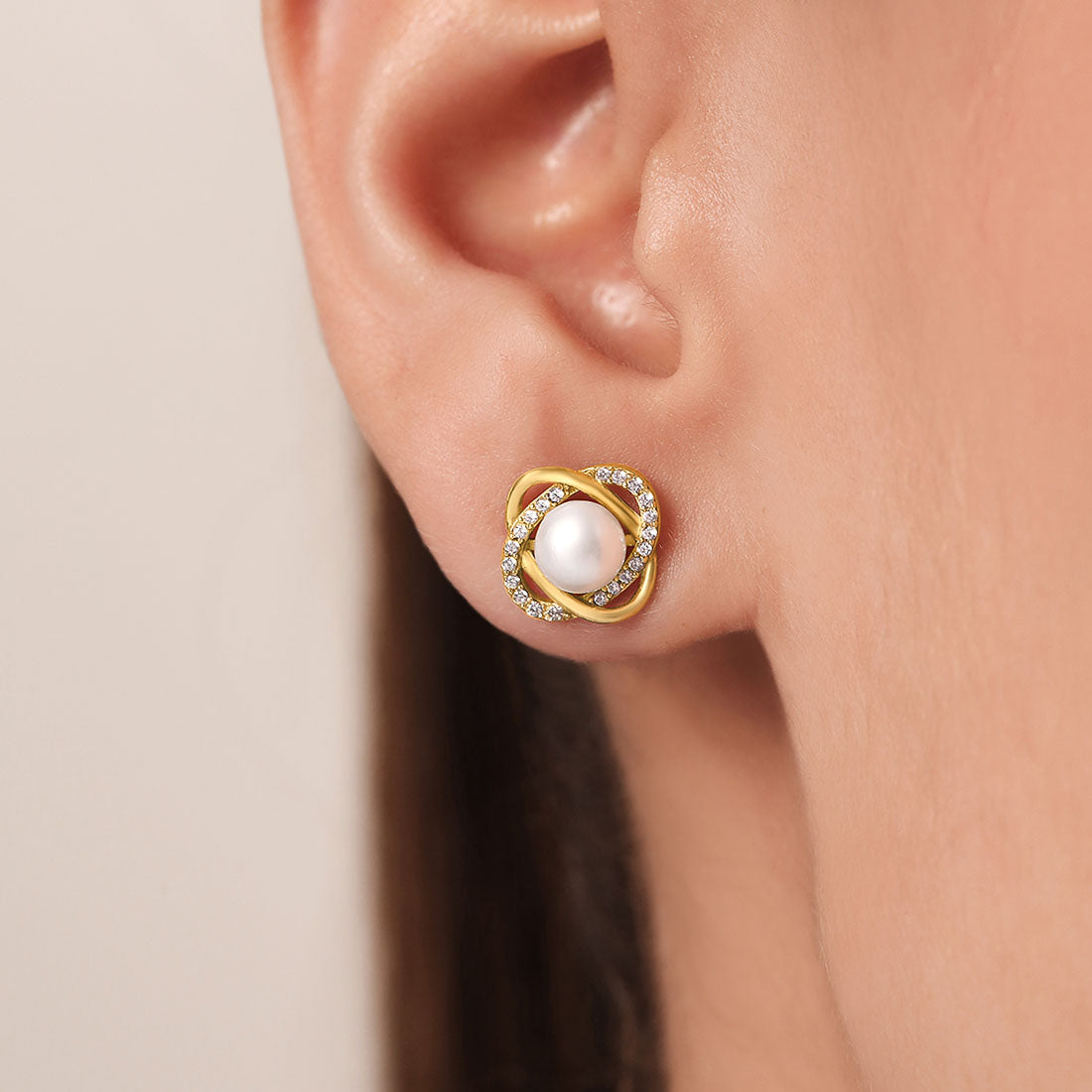 Timeless Elegance Pearl-CZ 925 Sterling Silver Gold Plated Stud Earrings