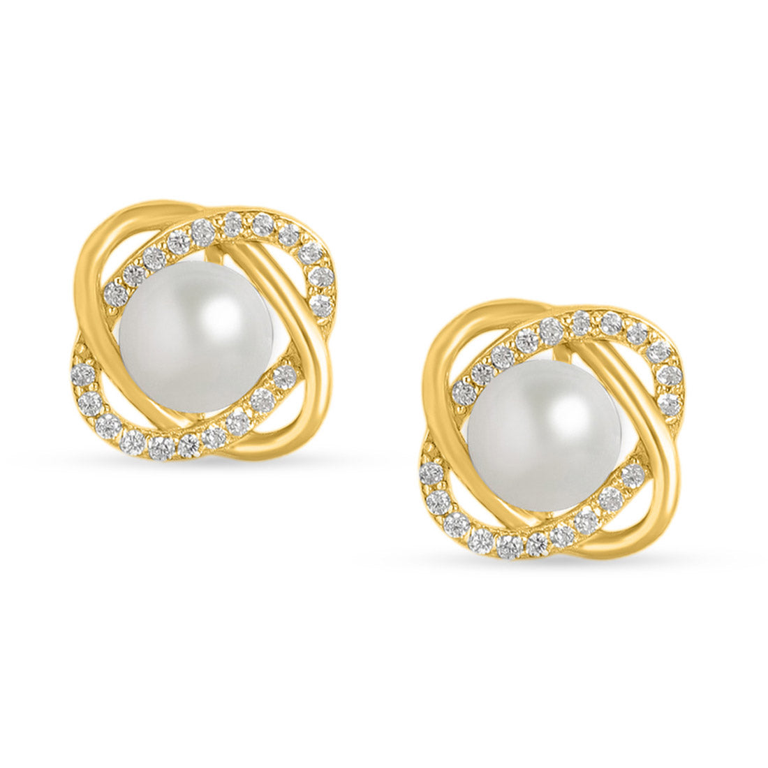 Timeless Elegance Pearl-CZ 925 Sterling Silver Gold Plated Stud Earrings