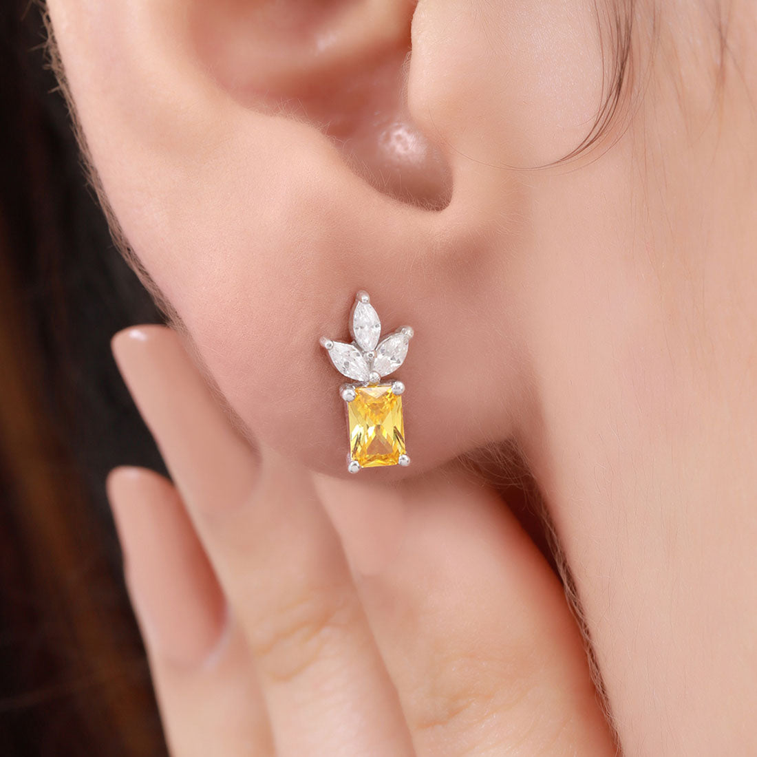 Elegant Petals Rhodium Plated Golden CZ 925 Sterling Silver Stud Earrings