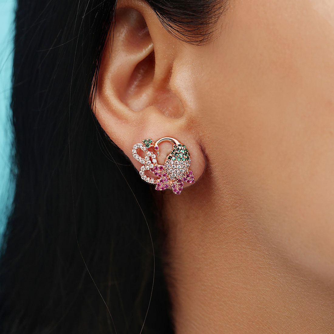 Rosy Peacock Elegance Rose Gold-Plated 925 Sterling Silver Earrings