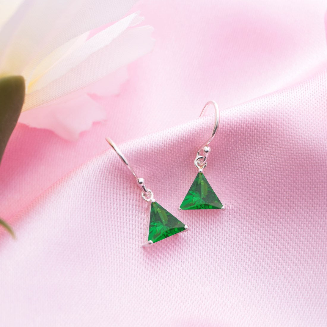 Emerald Essence Rhodium-Plated Green CZ Sterling Silver Triangle Earrings