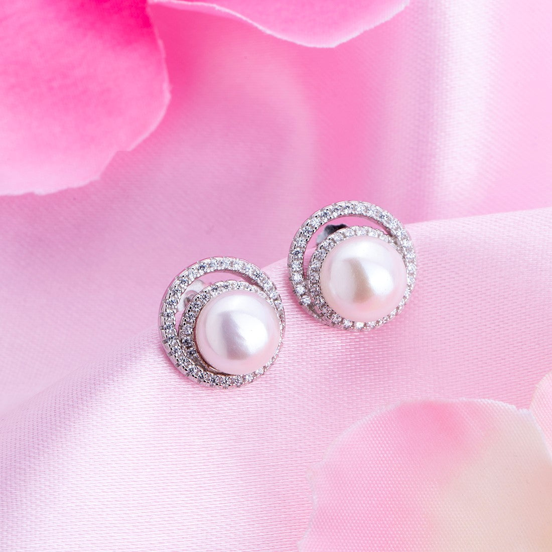 Circular Harmony Rhodium-Plated Earrings with CZ & Freshwater Pearl Accents