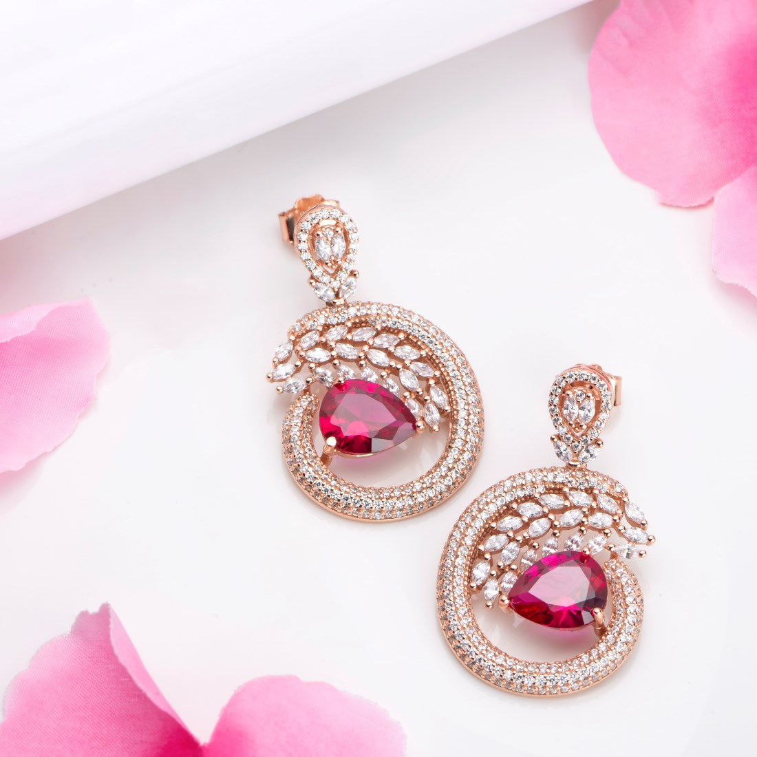 Leafy Elegance Coloured CZ 925 Sterling Silver Rose Gold-Plated Earring