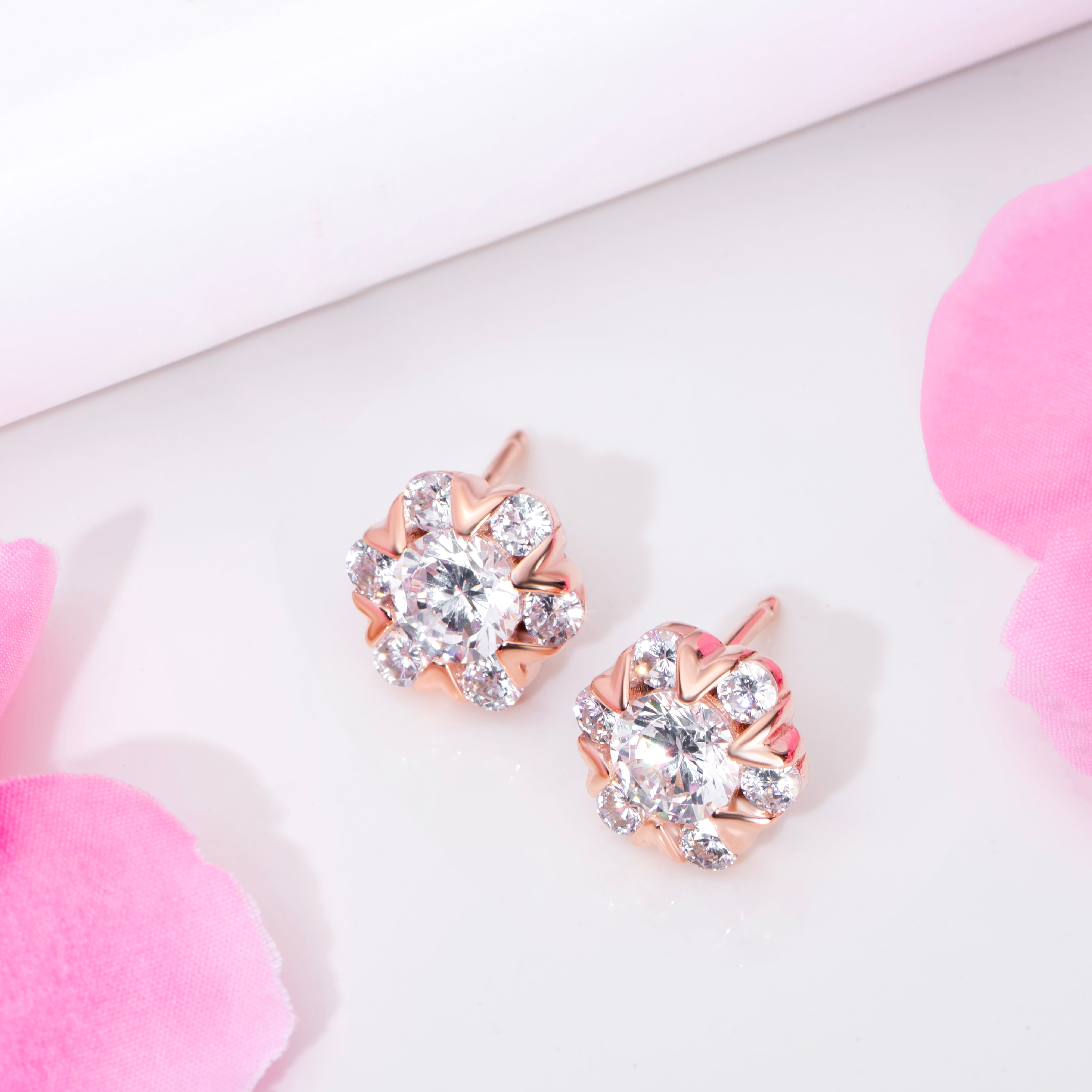 Floral Radiance CZ 925 Sterling Silver Rose Gold-Plated Flower Earring