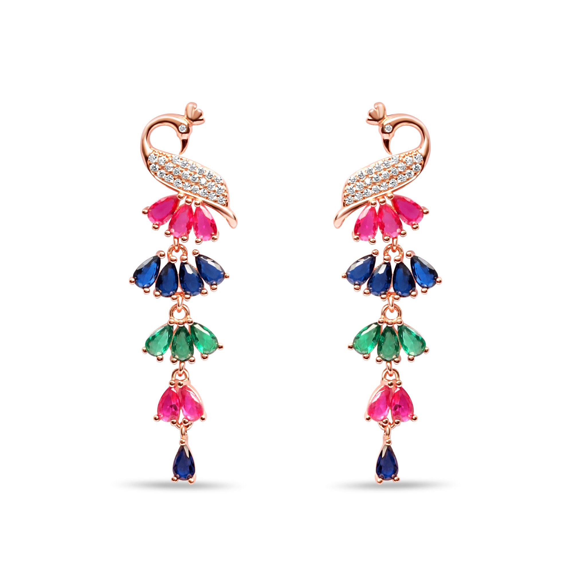 Peacock Rose Gold Plated Cubic Zirconia 925 Sterling Silver Drop Earrings