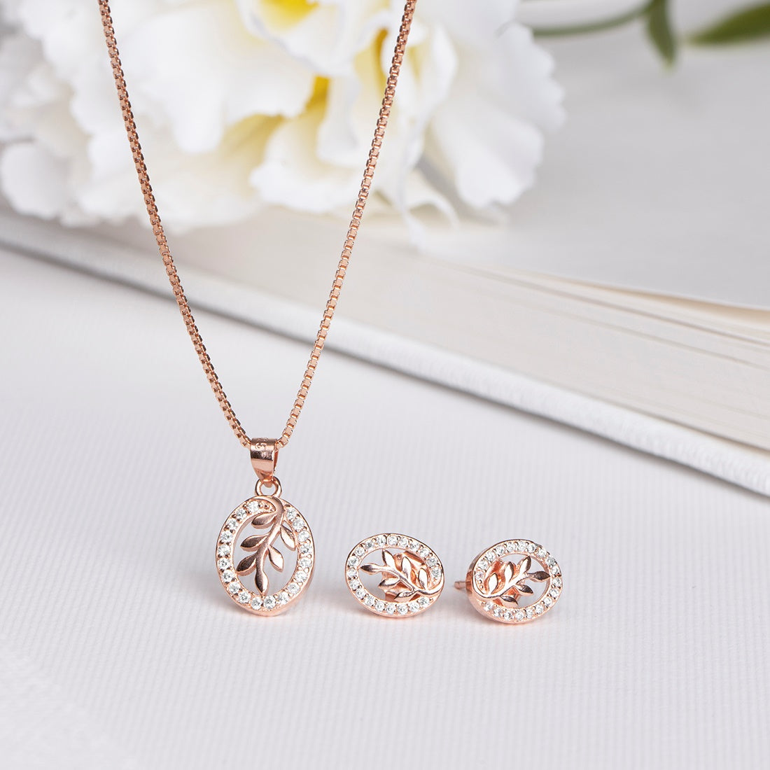 Graceful Leaf CZ Rose gold Plated 925 Sterling Silver Jewelry Set