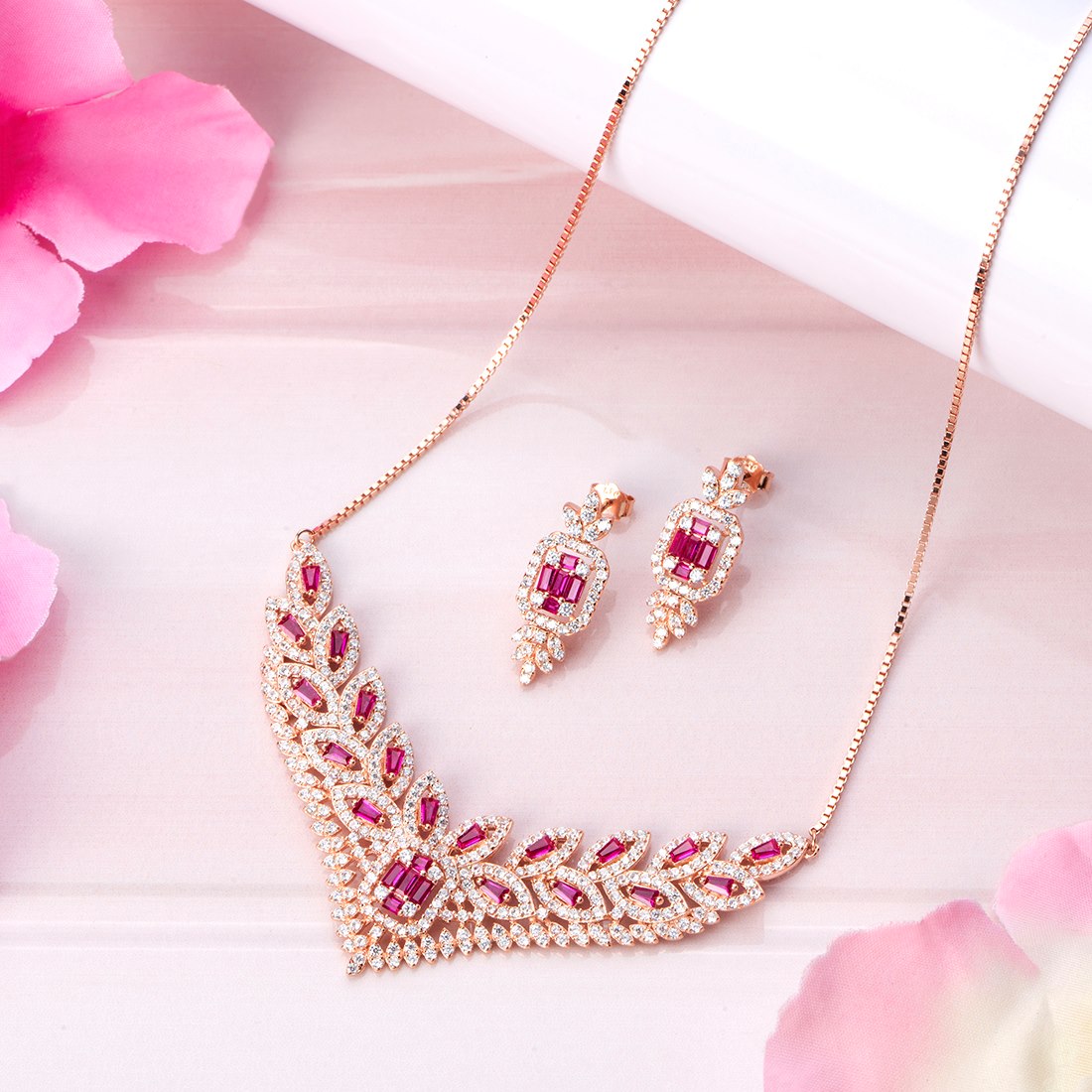 Leafy Radiance Harmony Rose Gold-Plated 925 Sterling Silver Jewelry Set