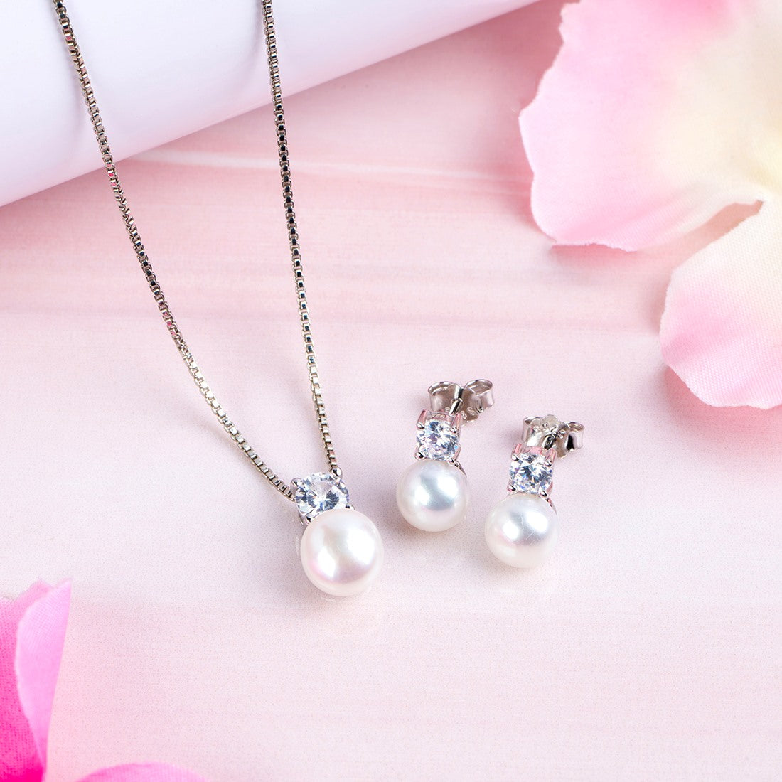 Pearl Radiance Harmony Rhodium-Plated 925 Sterling Silver Jewelry Set