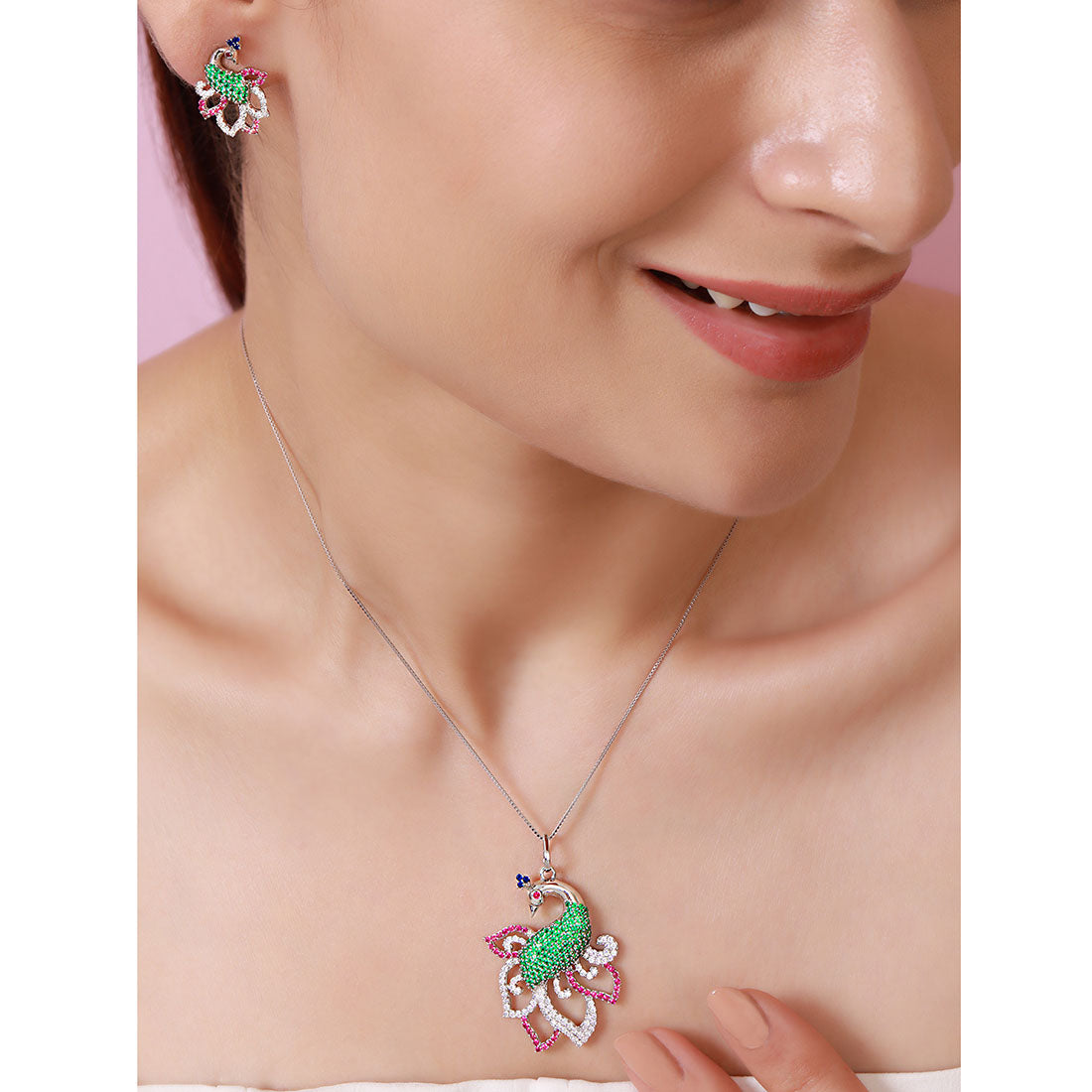 Prestige Peacock Rhodium Plated 925 Sterling Silver Jewelry Set