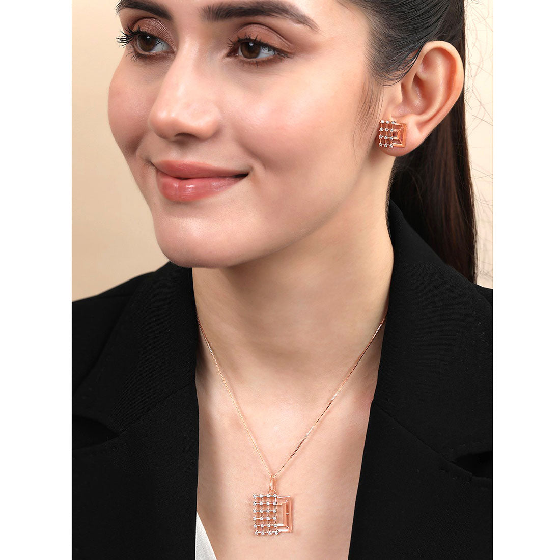 Square Chic Rose Gold Plated 925 Sterling Silver Jewelry Set