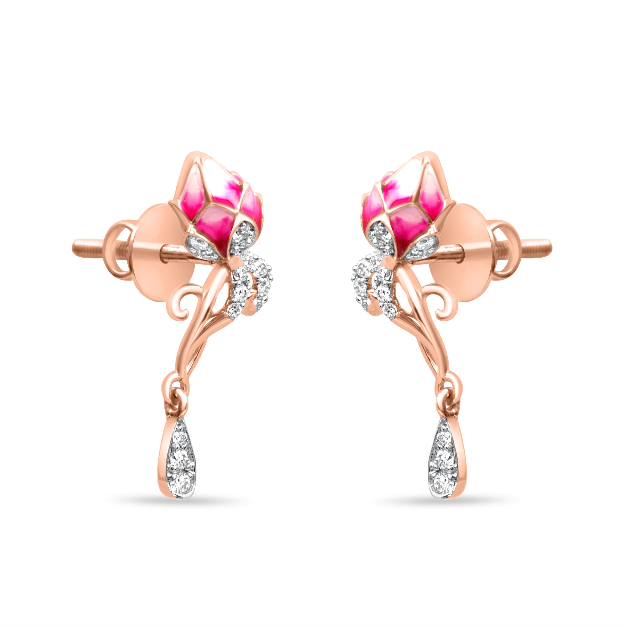 Pink Lotus Rose Gold Earrings with Lab-Grown Diamonds