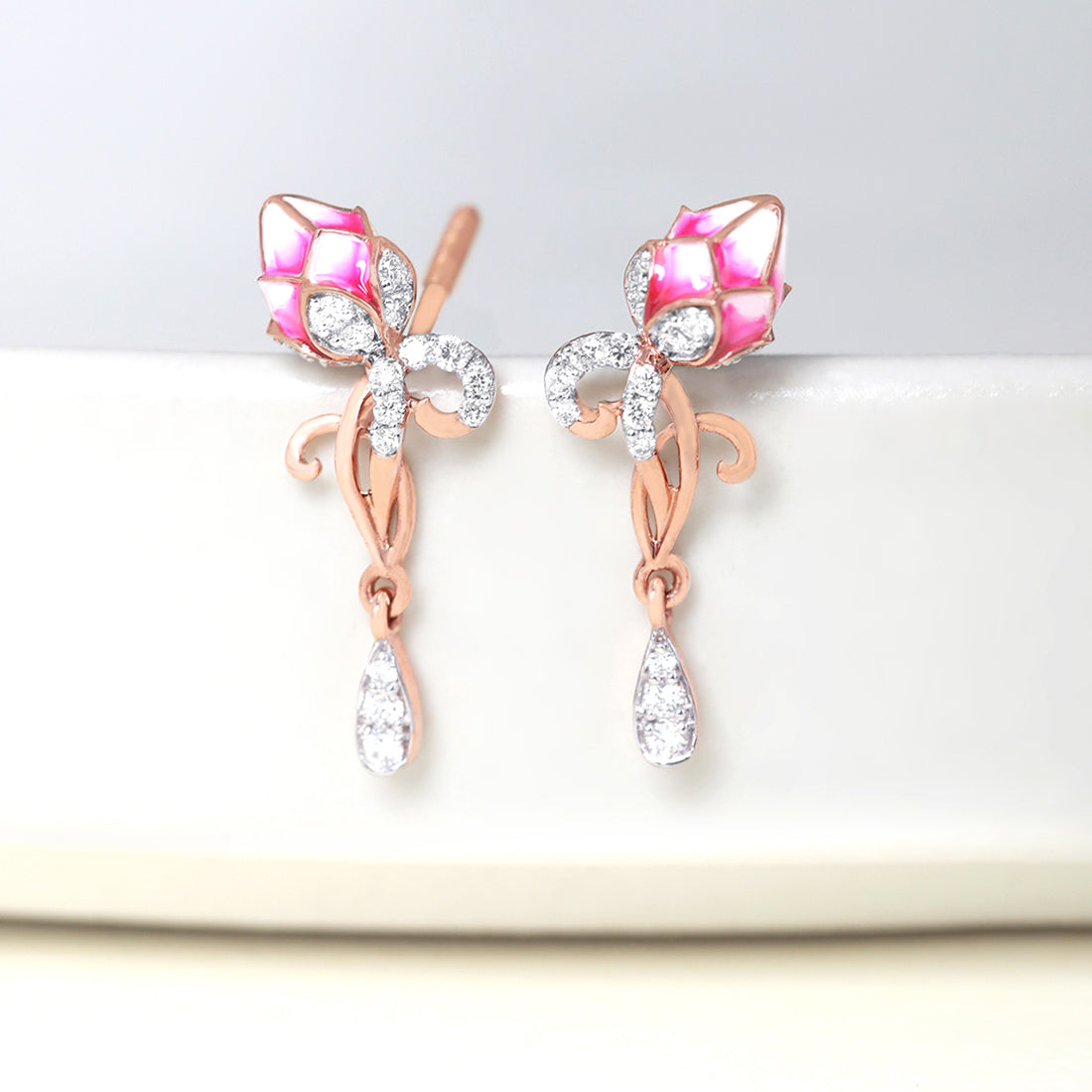 Pink Lotus Rose Gold Earrings with Lab-Grown Diamonds