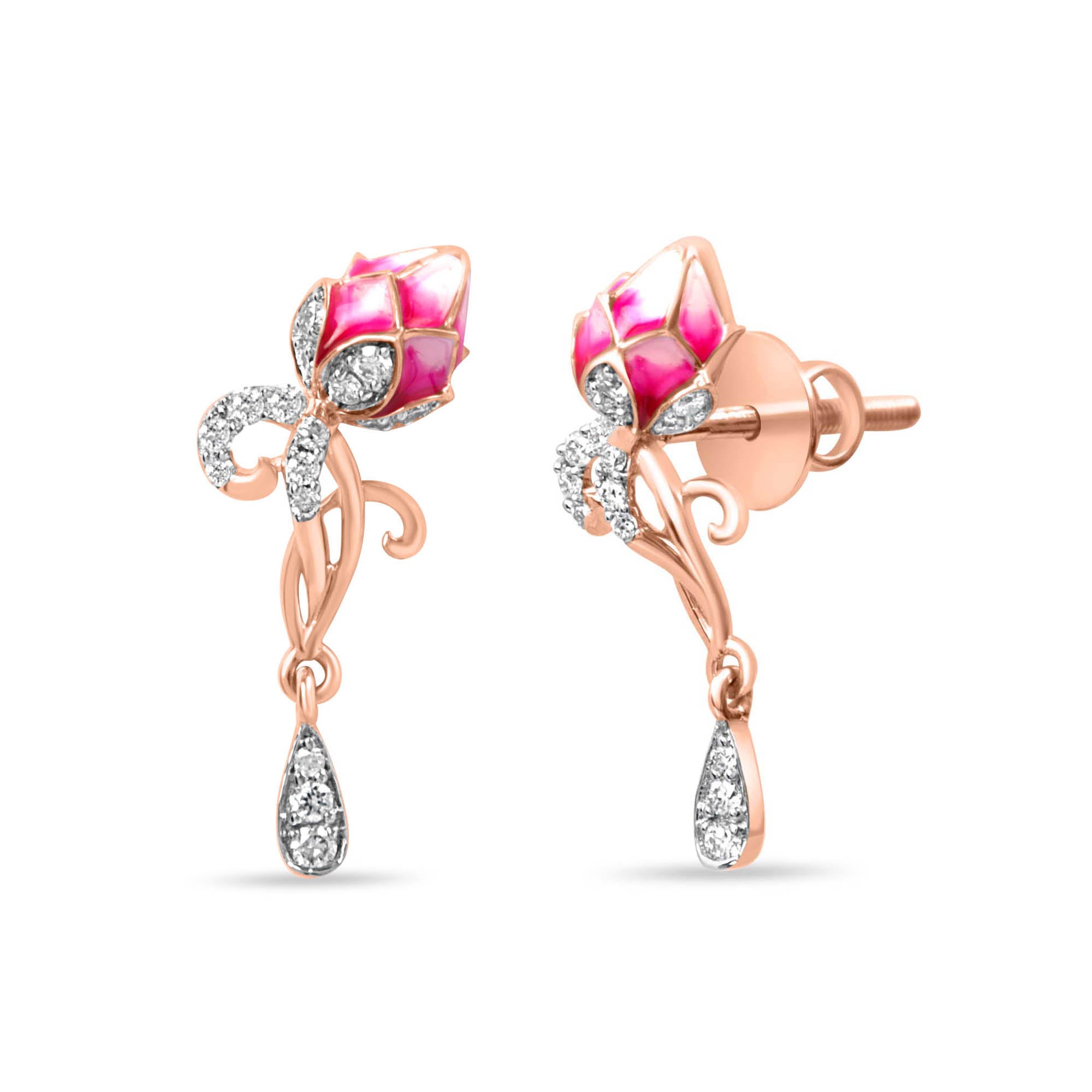 Pink Lotus Rose Gold Earrings with Lab-Grown Diamonds