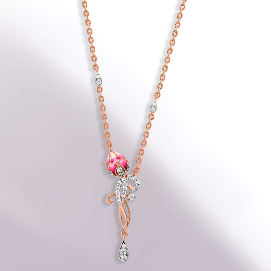 Pink Lotus Rose Gold Necklace with Lab-Grown Diamonds