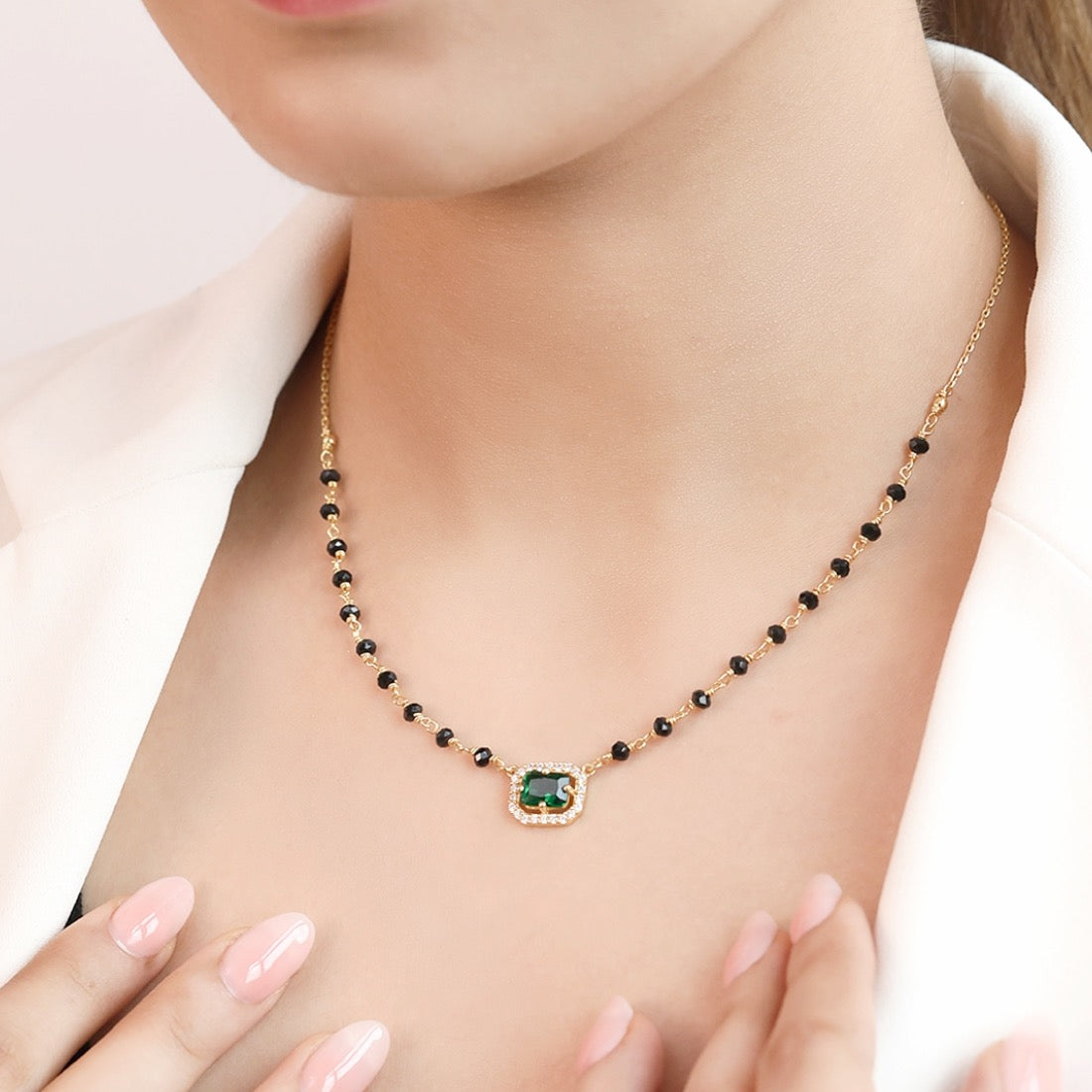 Divine Charm 925 Sterling Silver Mangalsutra with Green CZ and Beads in Gold Plating