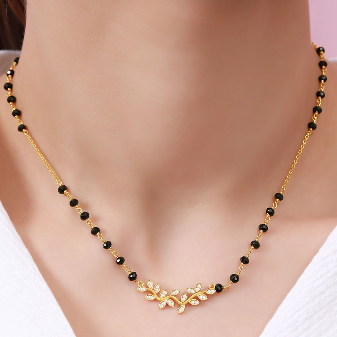 Modern Leaf Pattern Gold Plated 925 Sterling Silver Mangalsutra