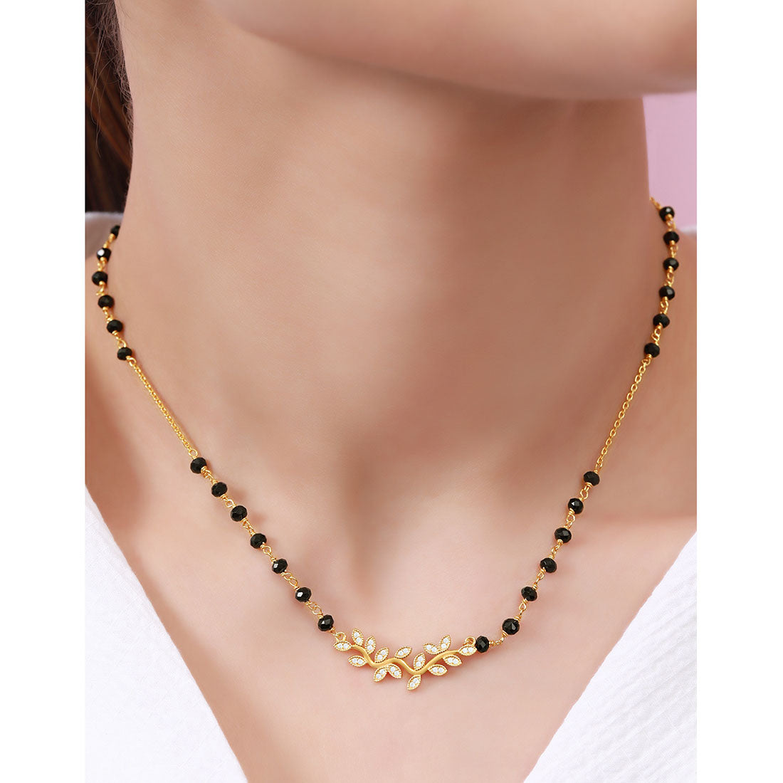 Modern Leaf Pattern Gold Plated 925 Sterling Silver Mangalsutra