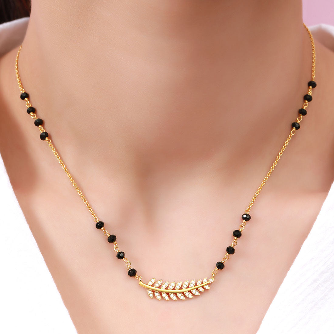 Modern Leaf Design Gold Plated 925 Sterling Silver Mangalsutra