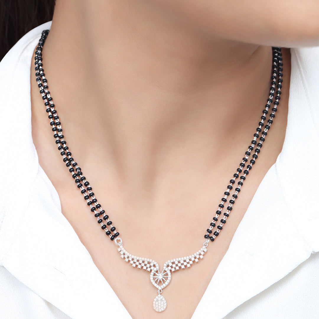 Double Layered Wings Rhodium Plated 925 Sterling Silver Mangalsutra