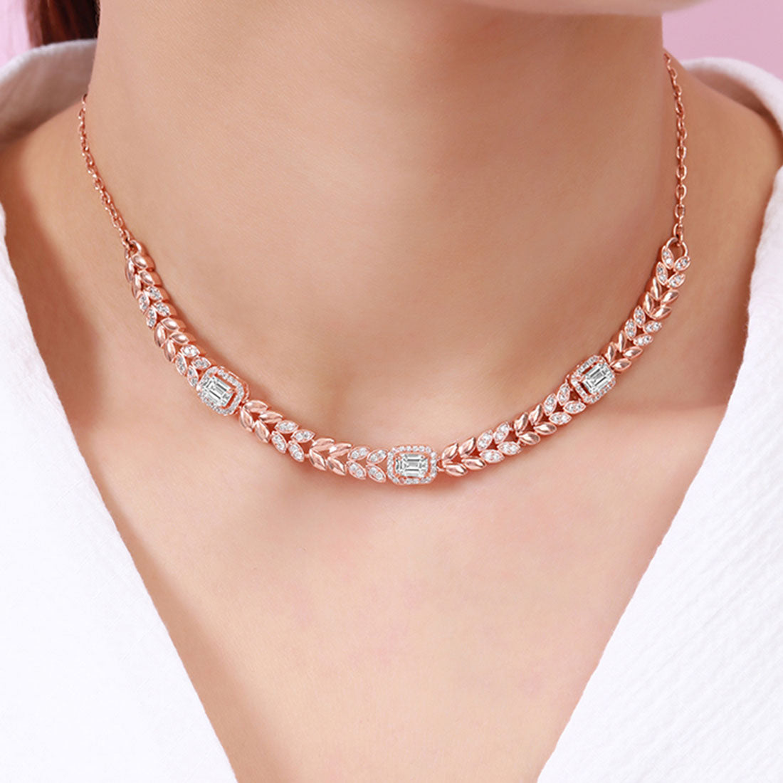 Elegant CZ Leaf Rose Gold Plated 925 Sterling Silver Necklace