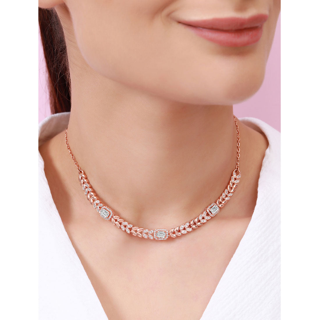 Elegant CZ Leaf Rose Gold Plated 925 Sterling Silver Necklace