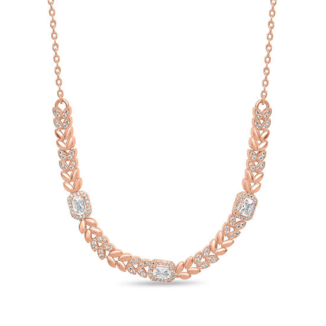 Elegant CZ Leaf Rose Gold Plated 925 Sterling Silver Necklace