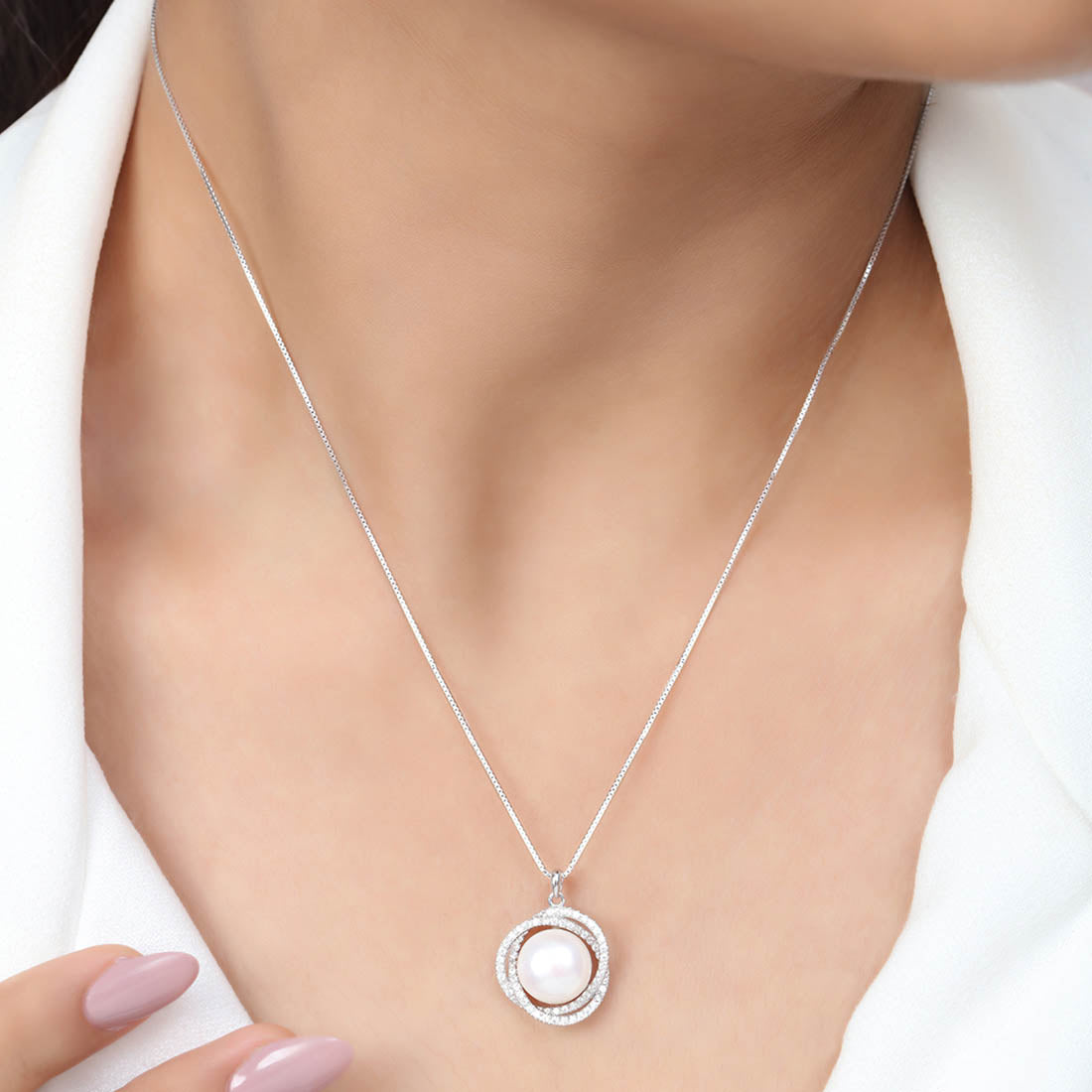 Classic Rhodium-Plated 925 Sterling Silver Pearl Necklace