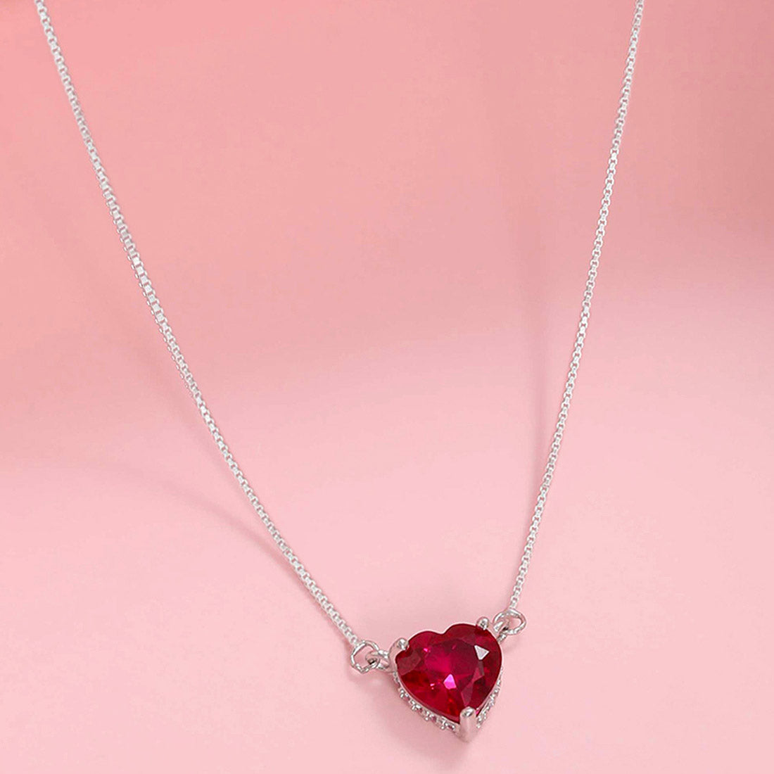 Red Heart Rhodium Plated 925 Sterling Silver Pendant Necklace