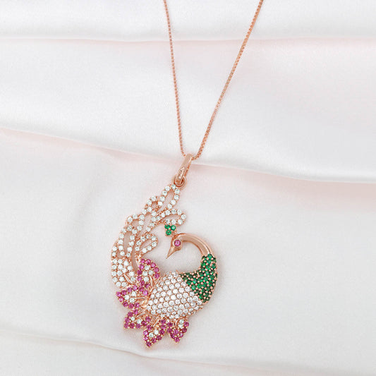 Regal Rose Gold-Plated 925 Sterling Silver Peacock Pendant