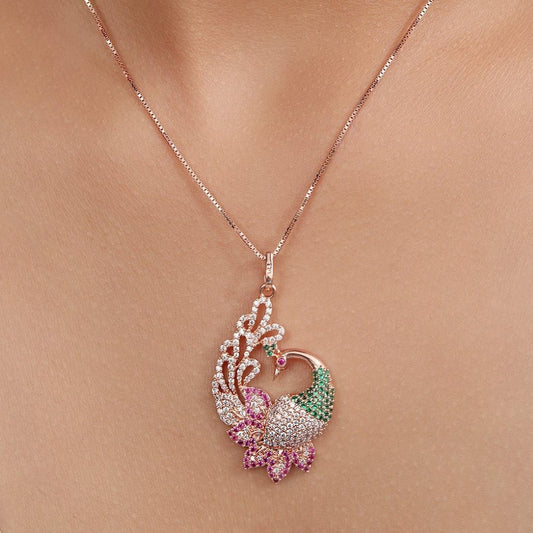 Regal Rose Gold-Plated 925 Sterling Silver Peacock Pendant