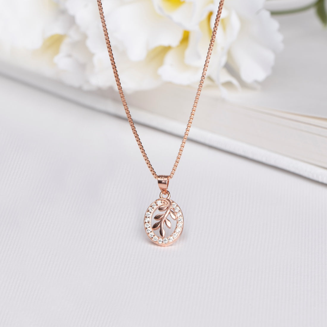 Blossoming Elegance Rose Gold-Plated Oval and Leaf 925 Sterling Silver Pendant