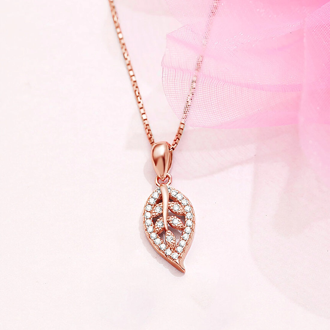 Gilded Foliage CZ Leaf Rose Gold-Plated 925 Sterling Silver Pendant with Chain