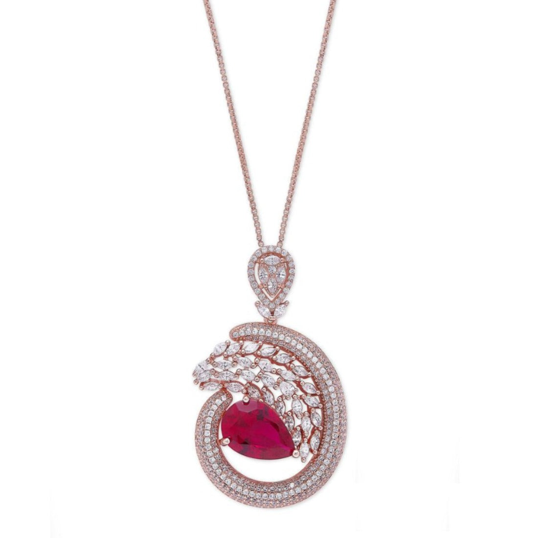 Leafy Luster Red CZ Rose Gold-Plated 925 Sterling Silver Pendant with Chain