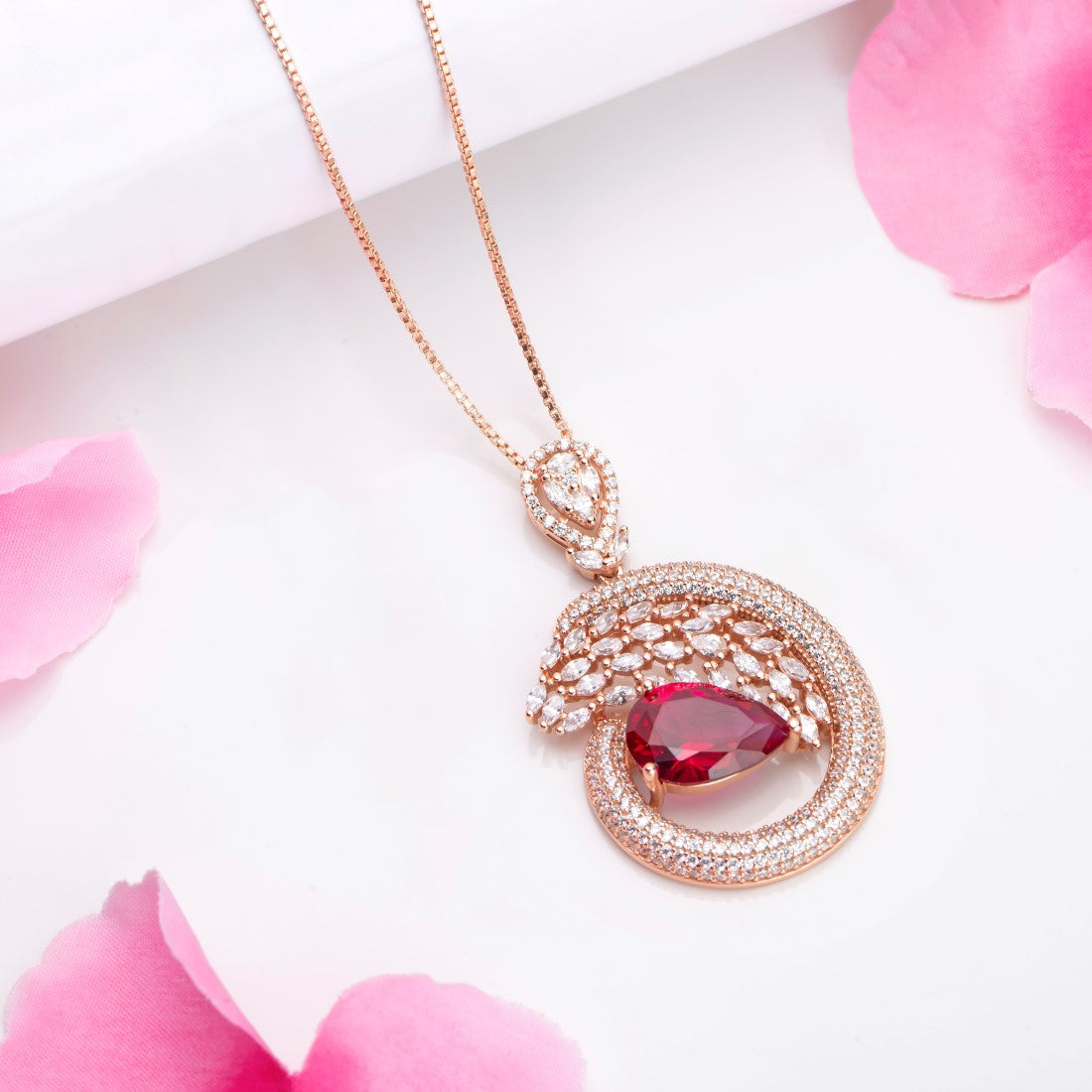 Leafy Luster Red CZ Rose Gold-Plated 925 Sterling Silver Pendant with Chain