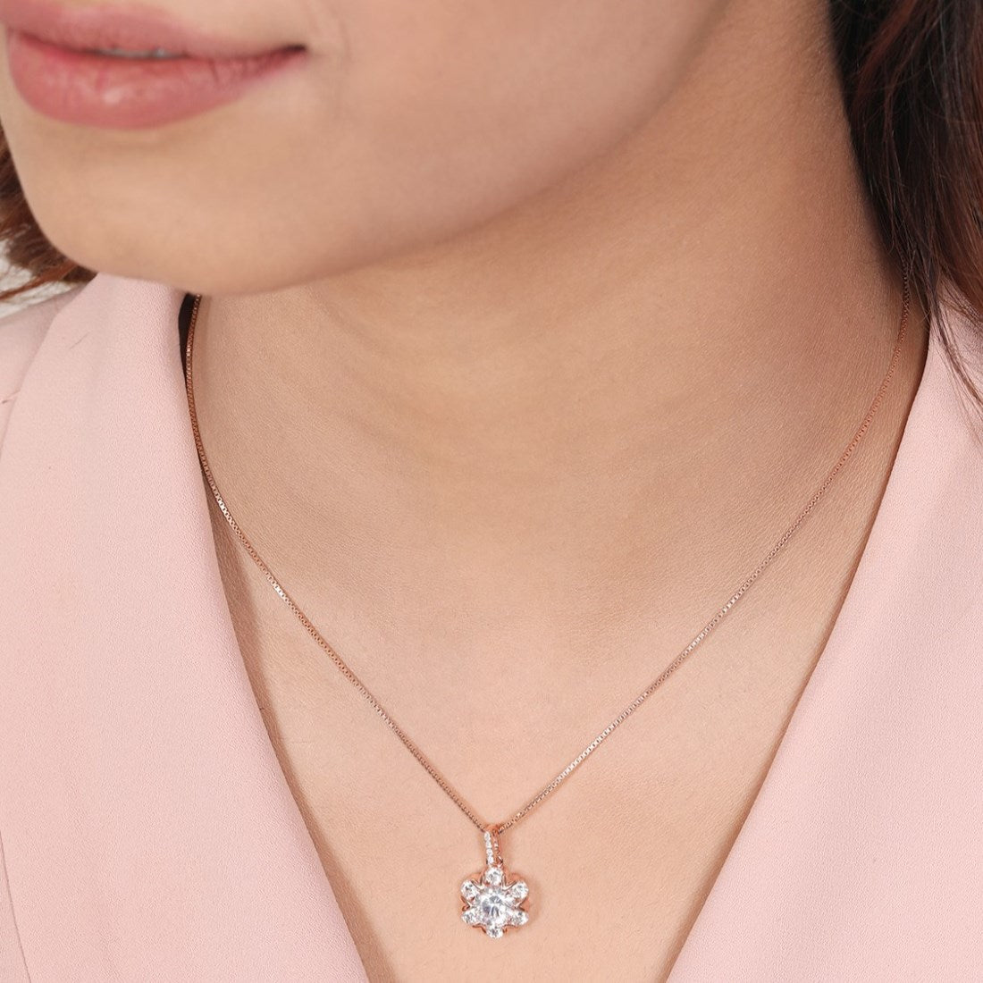 Blooms of Elegance Rose Gold-Plated 925 Sterling Silver Flower Pendant with Chain