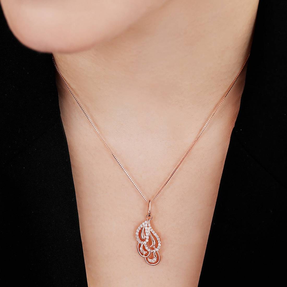 Cascading Rose Gold-Plated CZ 925 Sterling Silver Leaf Pendant