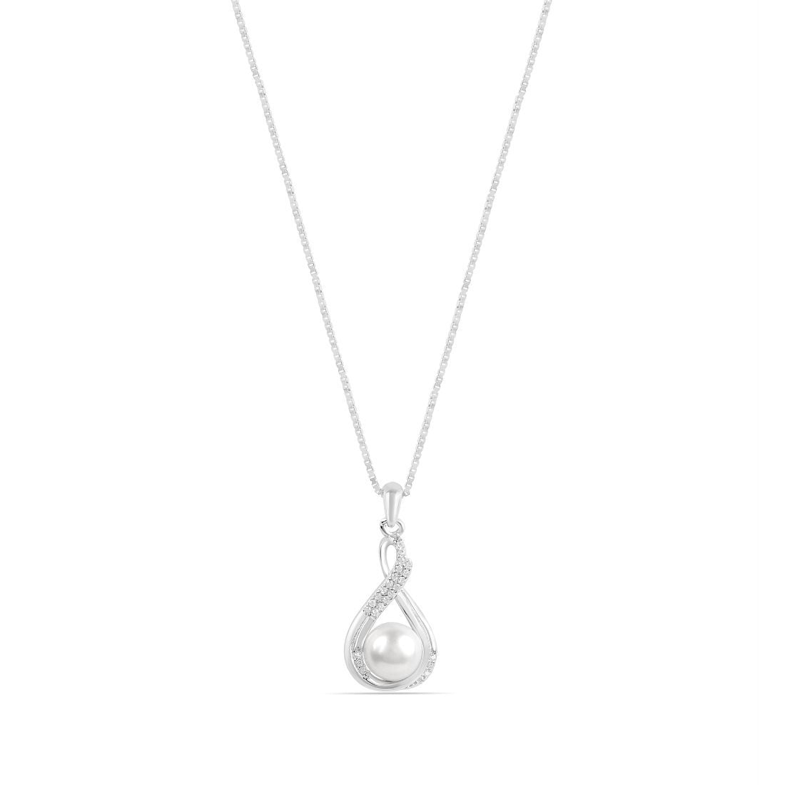 Glistening Freshwater Pearl & Cubic Zirconia Charm 925 Sterling Silver Rhodium-Plated Pendant with Chain