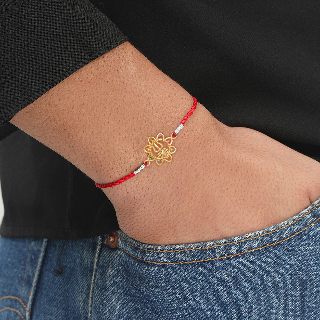 Powerful Lord Shiva Trishul With Cubic Zirconia Gold-Plated Sterling Silver Thread Rakhi For Him