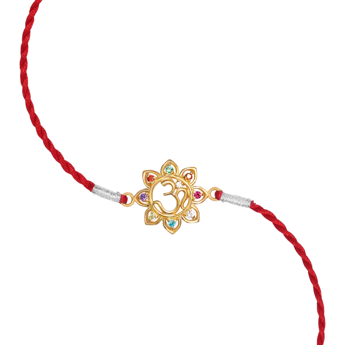 Elegant Om With Multi Coloured Cubic Zirconia Gold-Plated Sterling Silver Thread Rakhi For Him