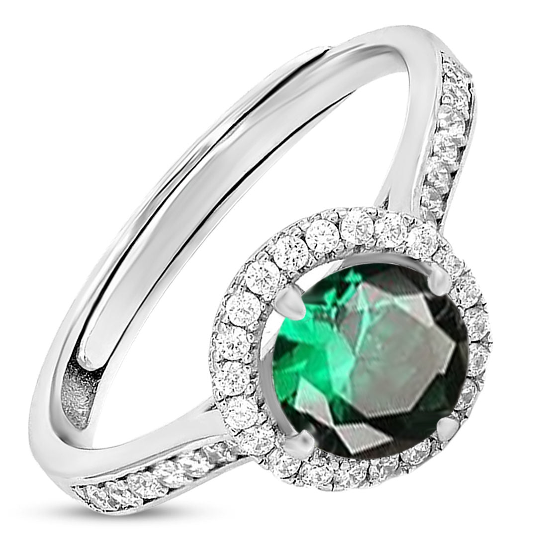 Green Solitaire Halo CZ Studded 925 Sterling Silver Ring (Adjustable)