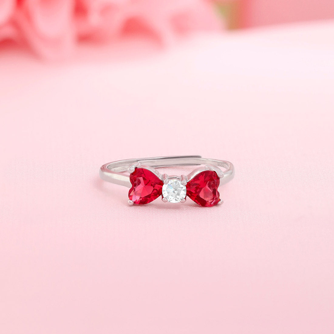 Bow Heart Rhodium Plated 925 Sterling Silver Ring