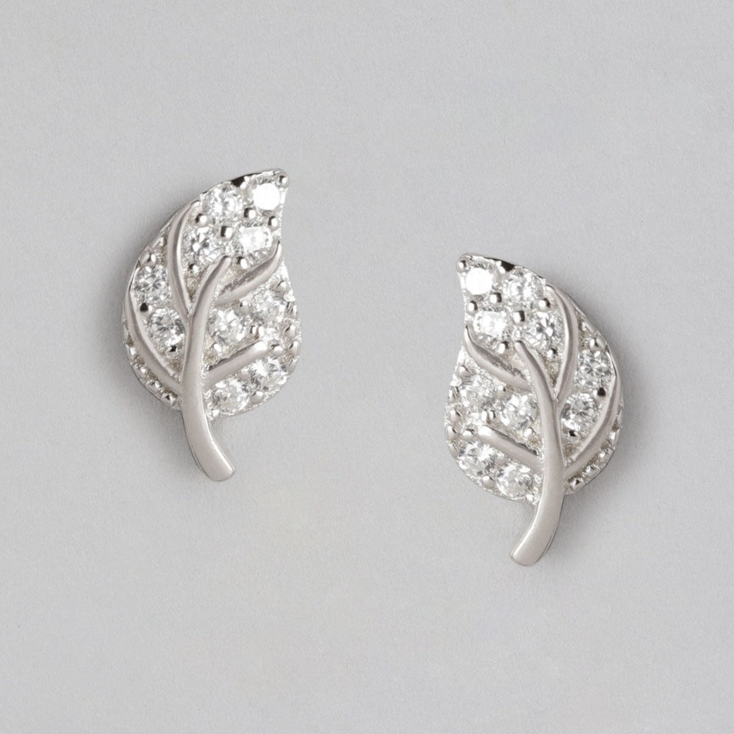 Leafy Studded Rhodium Plated 925 Sterling Silver Stud